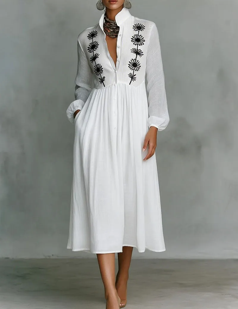 Boho Linen Dress Floral Embroidered Stand Collar Midi Shirt Dress sold by Ekouaer product image thumbnail 2