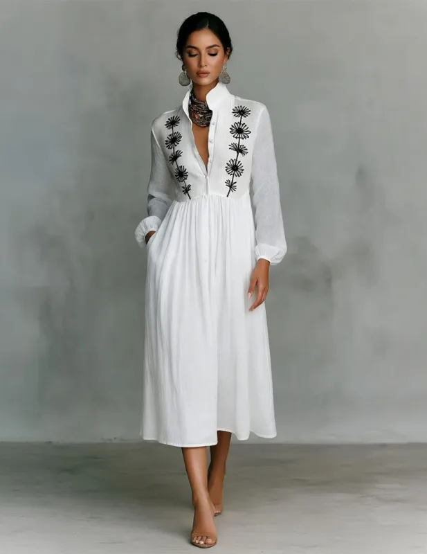 Boho Linen Dress Floral Embroidered Stand Collar Midi Shirt Dress made by Ekouaer
