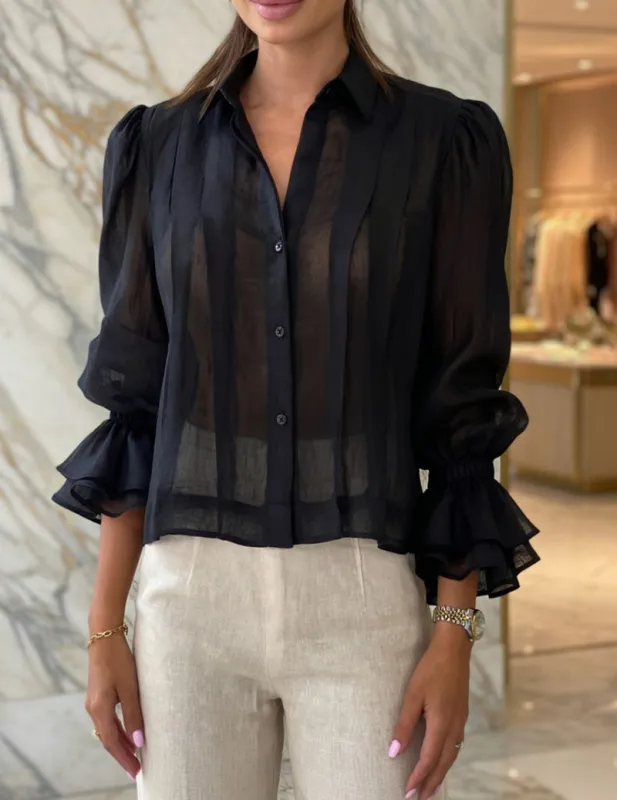 Cotton Linen Pleated Shirt Puff Sleeve Ruffle Cuff Blouse made by Ekouaer