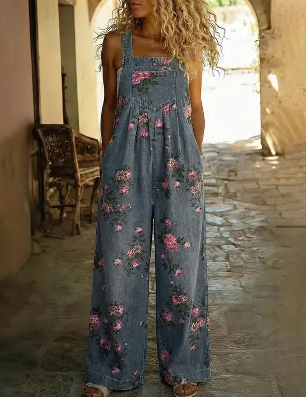 Floral Denim Overalls Wide Leg Printed Bib Jumpsuit Casual Boho Outfit made by Ekouaer