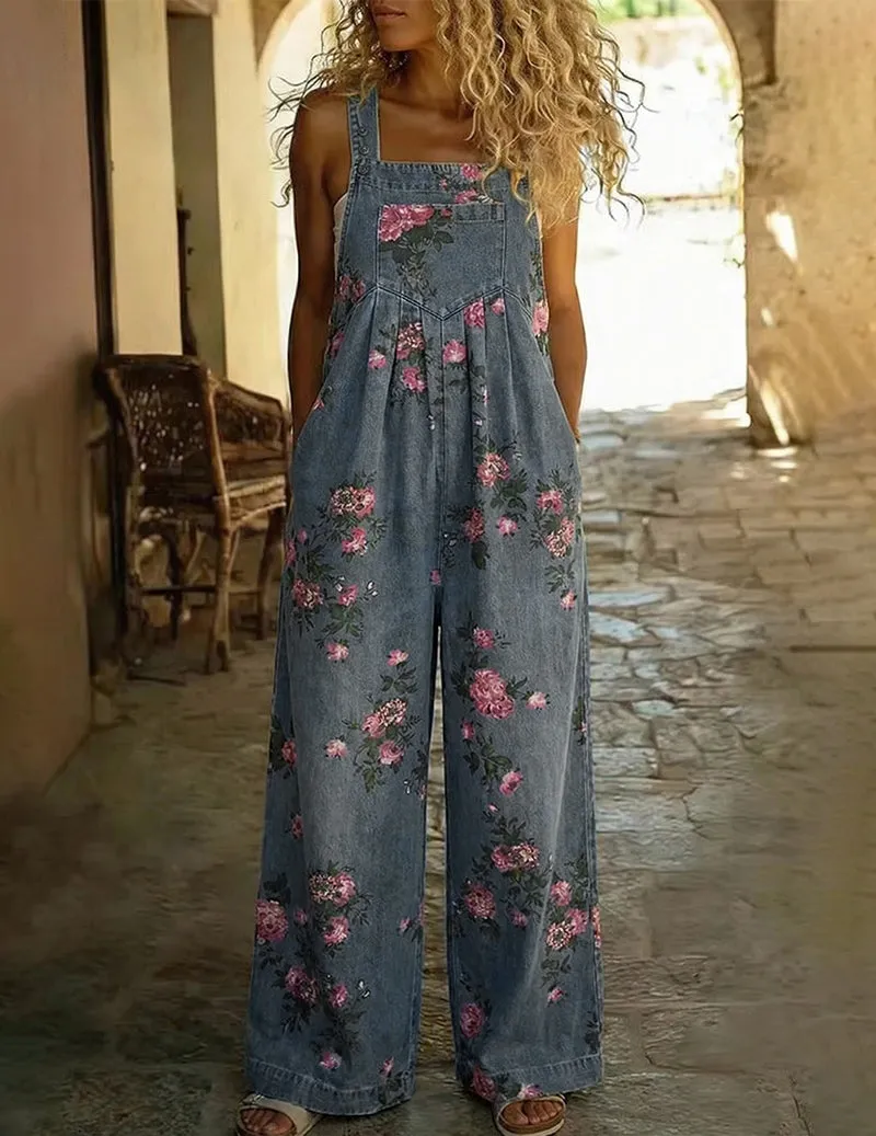 Floral Denim Overalls Wide Leg Printed Bib Jumpsuit Casual Boho Outfit sold by Ekouaer