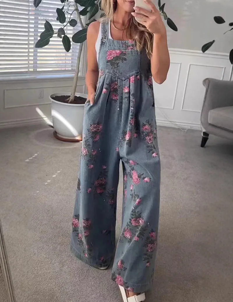 Floral Denim Overalls Wide Leg Printed Bib Jumpsuit Casual Boho Outfit sold by Ekouaer product image thumbnail 2