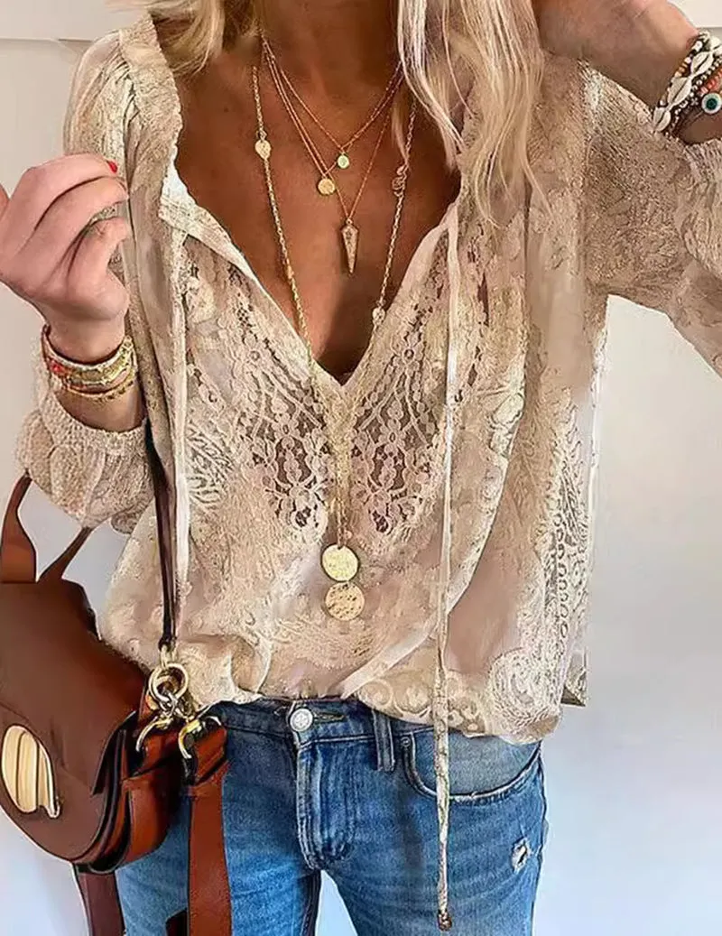 Floral Lace Blouse Sheer Deep V Neck Long Sleeve Boho Tie Front Lace Top sold by Ekouaer product image thumbnail 2