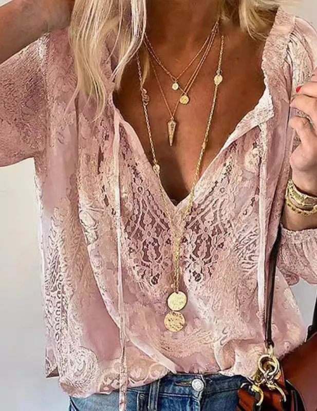 Floral Lace Blouse Sheer Deep V Neck Long Sleeve Boho Tie Front Lace Top made by Ekouaer