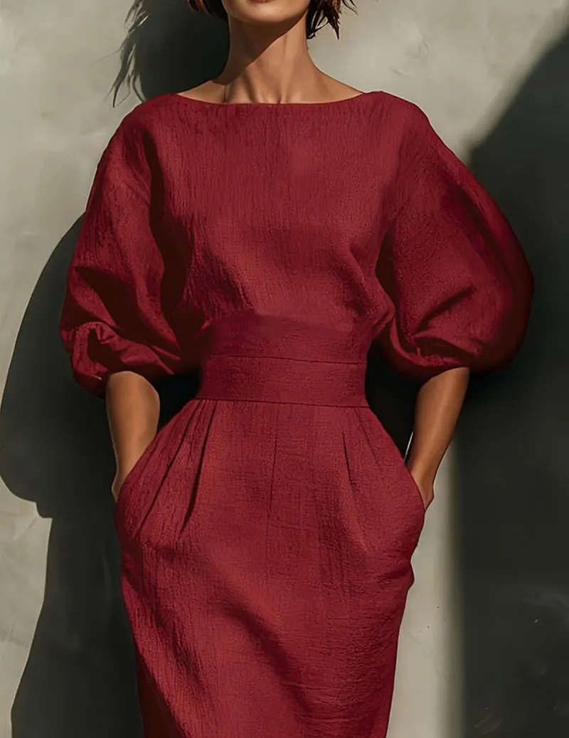 Linen Puff Sleeve Boat Neck Midi Dress Elegant Balloon Sleeve Textured Pleated Dress sold by Ekouaer product image thumbnail 2