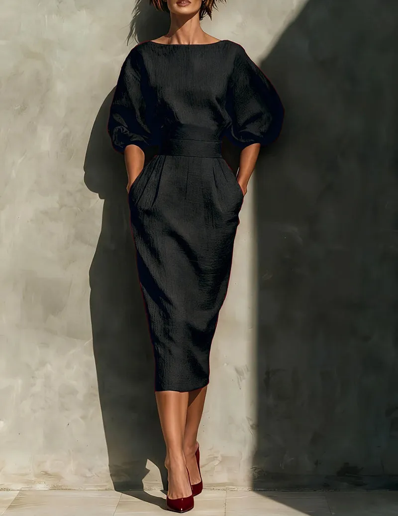 Linen Puff Sleeve Boat Neck Midi Dress Elegant Balloon Sleeve Textured Pleated Dress sold by Ekouaer product image thumbnail 3