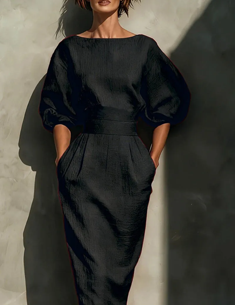 Linen Puff Sleeve Boat Neck Midi Dress Elegant Balloon Sleeve Textured Pleated Dress sold by Ekouaer product image thumbnail 4