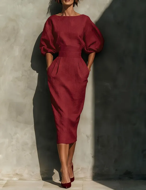 Linen Puff Sleeve Boat Neck Midi Dress Elegant Balloon Sleeve Textured Pleated Dress made by Ekouaer