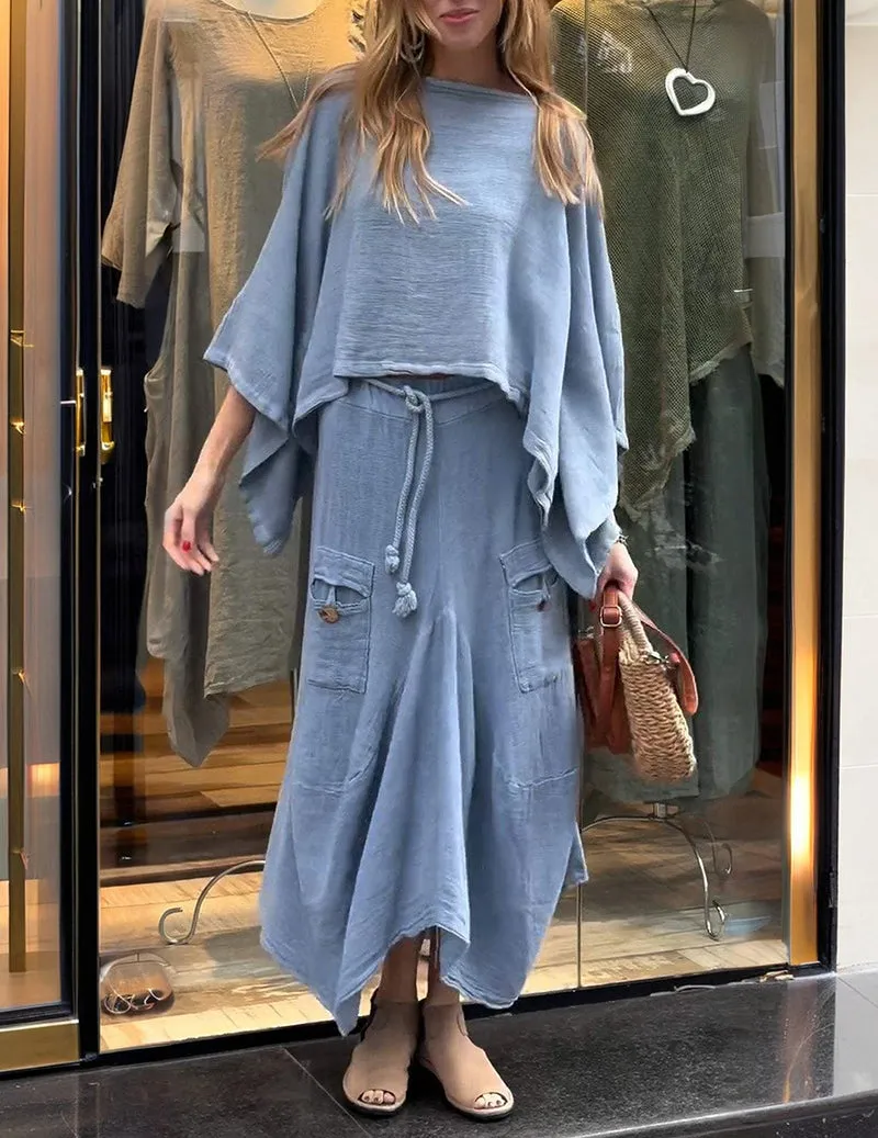 Linen Two Piece Set Batwing Sleeve Crop Top and Long Cargo Skirt sold by Ekouaer product image thumbnail 4