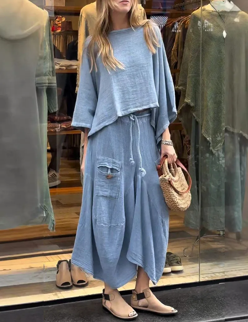 Linen Two Piece Set Batwing Sleeve Crop Top and Long Cargo Skirt sold by Ekouaer product image thumbnail 2