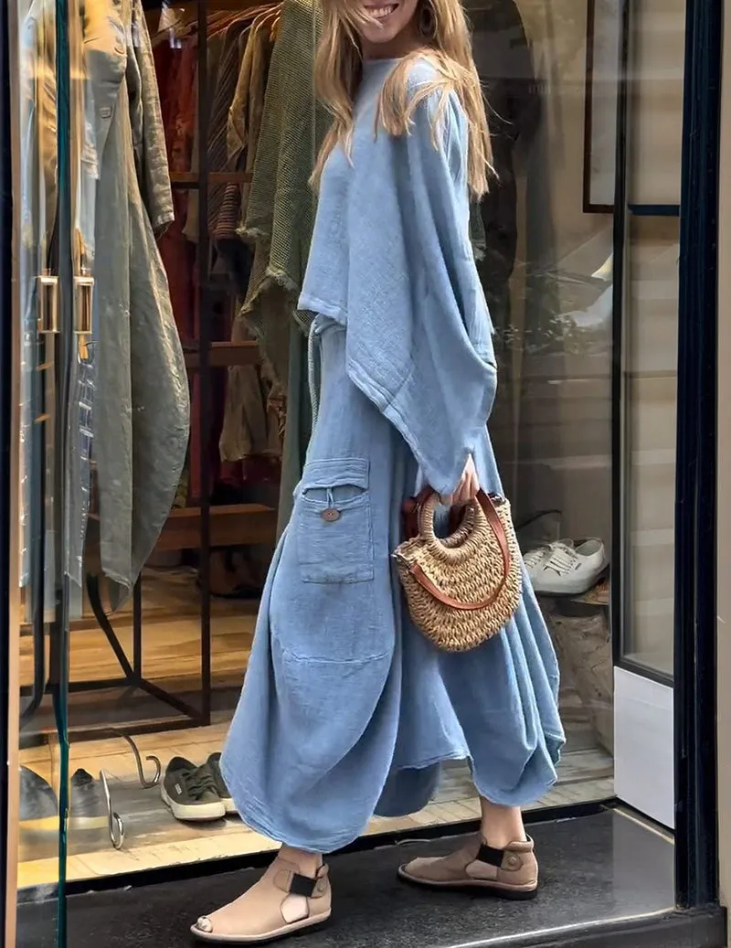 Linen Two Piece Set Batwing Sleeve Crop Top and Long Cargo Skirt sold by Ekouaer product image thumbnail 5