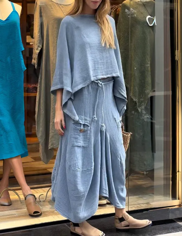 Linen Two Piece Set Batwing Sleeve Crop Top and Long Cargo Skirt made by Ekouaer