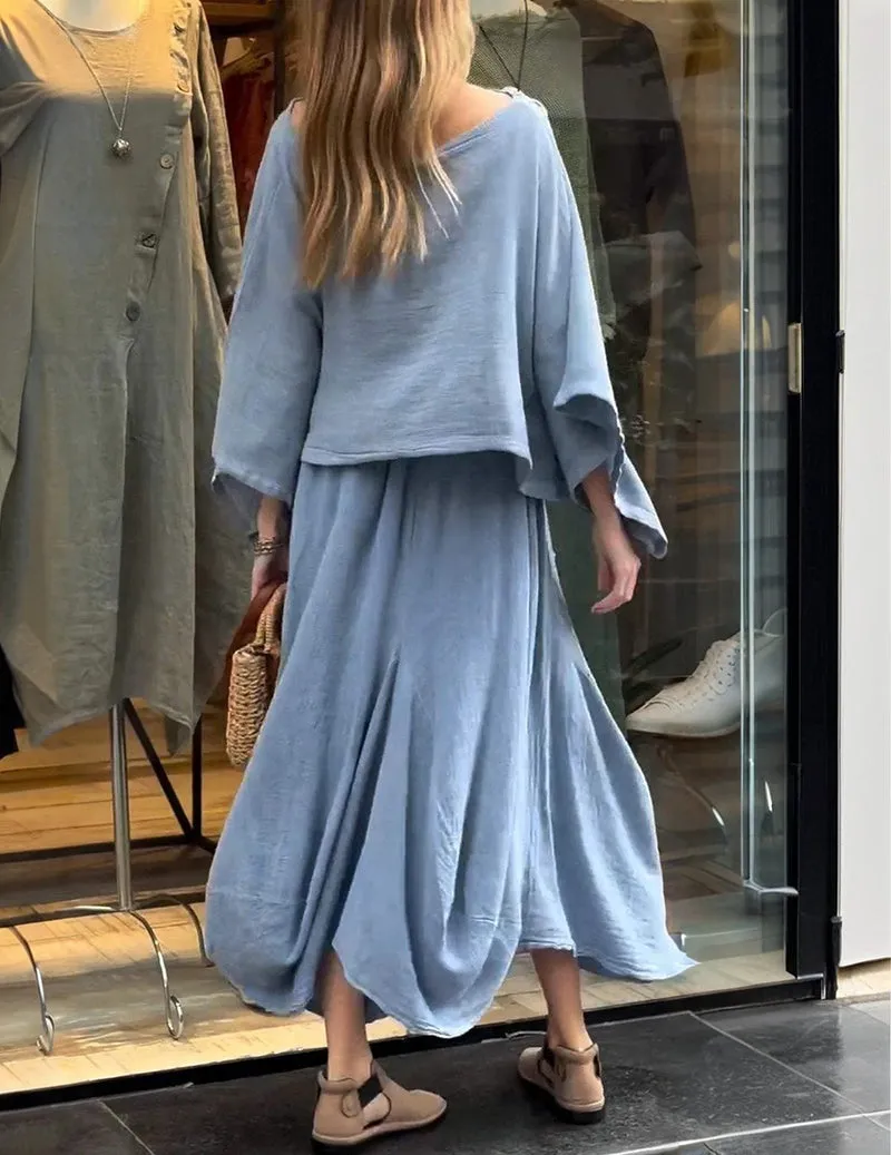 Linen Two Piece Set Batwing Sleeve Crop Top and Long Cargo Skirt sold by Ekouaer product image thumbnail 3