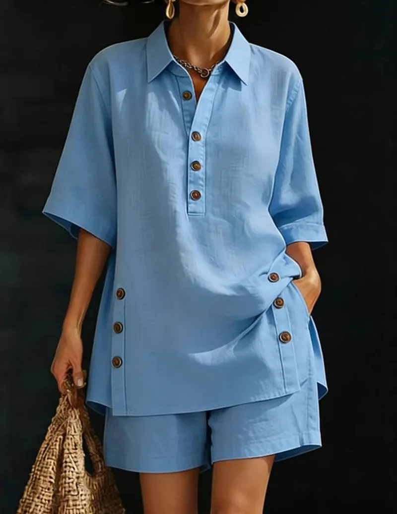 Casual Linen Short Sleeve Collared Shirt and Shorts Set sold by Ekouaer product image thumbnail 2