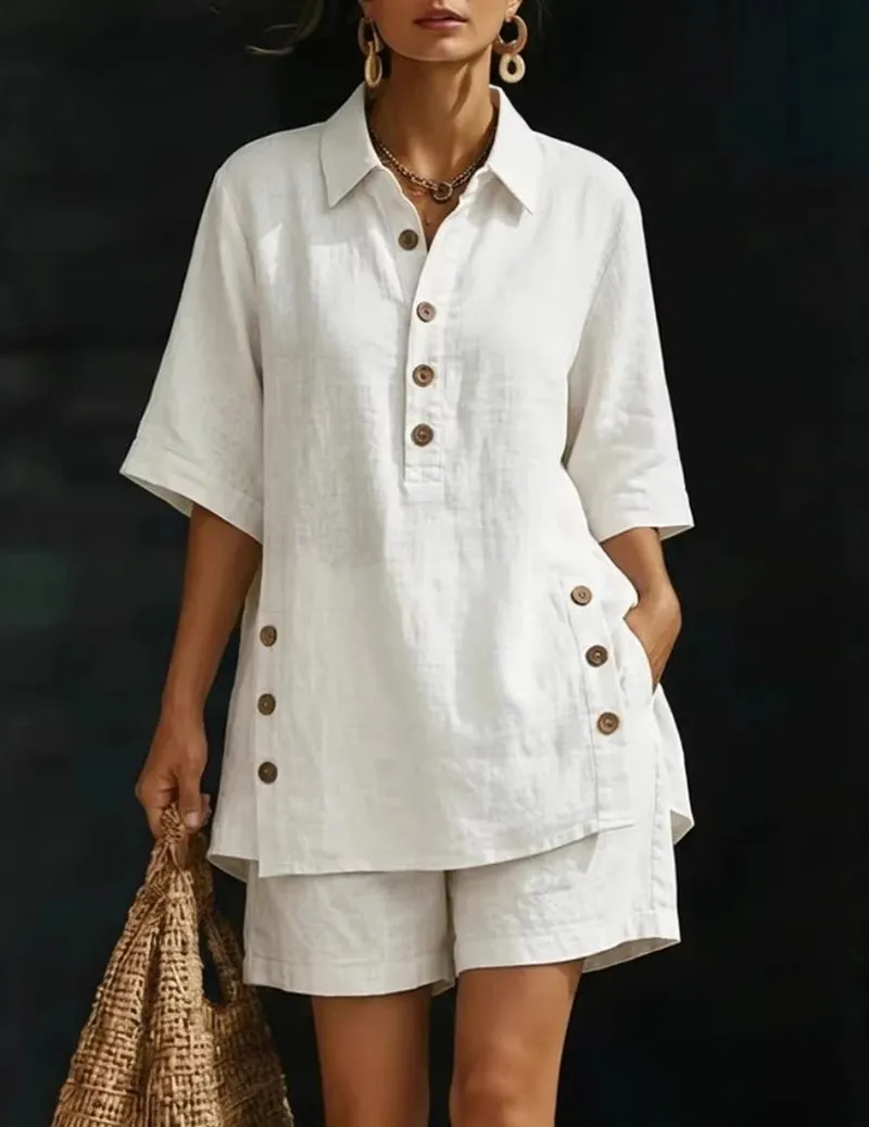 Casual Linen Short Sleeve Collared Shirt and Shorts Set sold by Ekouaer