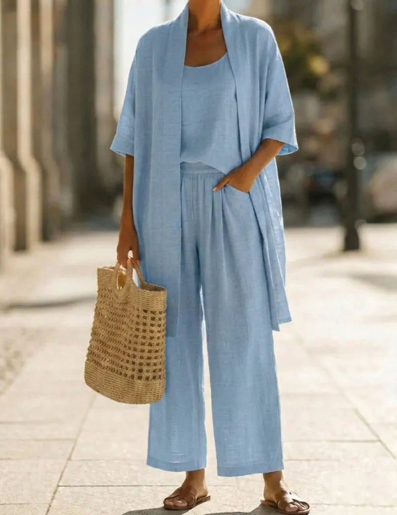 3-Piece Linen Set Kimono Cardigan, Cami Tank Top and Wide Leg Pants sold by Ekouaer product image thumbnail 2