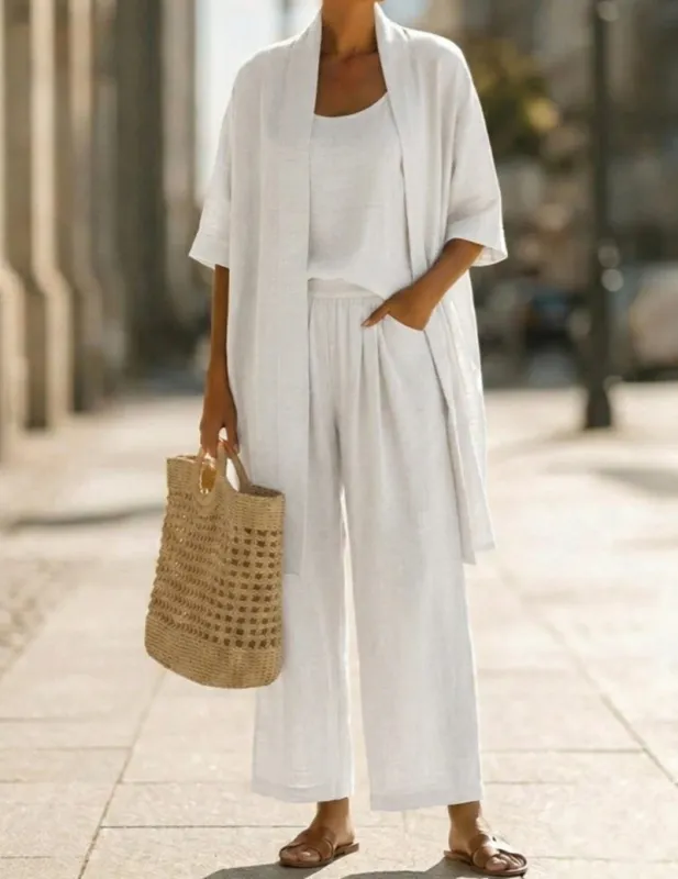 3-Piece Linen Set Kimono Cardigan, Cami Tank Top and Wide Leg Pants made by Ekouaer