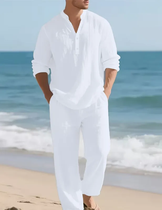 Men's Linen Henley Long Sleeve Shirt and Pants Set made by Ekouaer