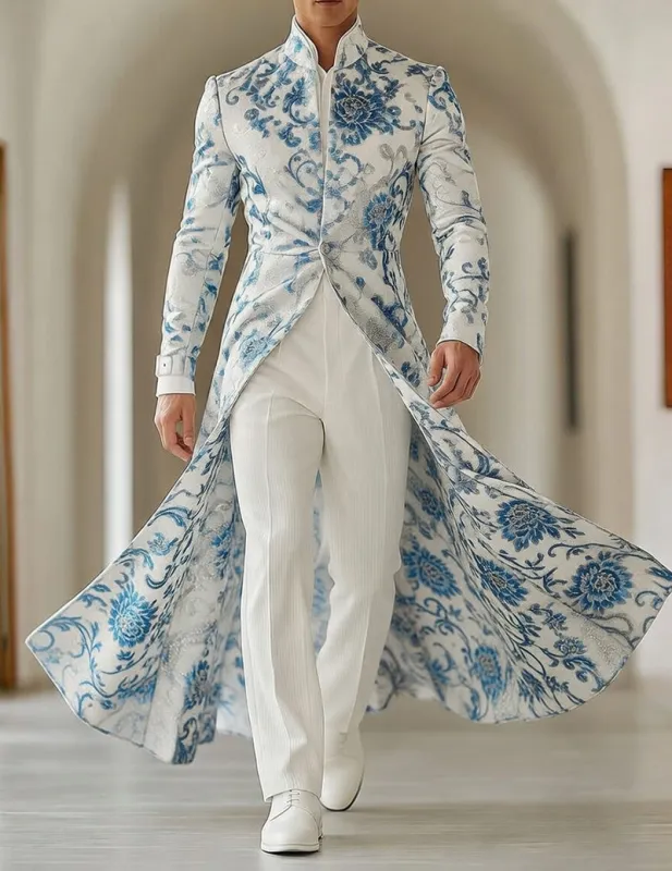 Men's Blue Floral Embroidered Tailcoat – Mandarin Collar Long Jacket made by Ekouaer