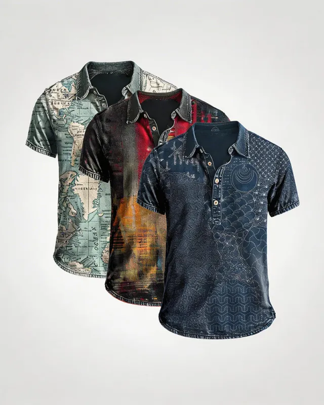 Men's Vintage Printed Polo Shirt – Short Sleeve Retro Casual Shirt made by Ekouaer
