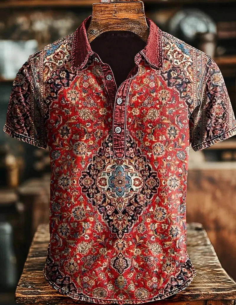 Men's Vintage Ethnic Printed Polo Shirt – Short Sleeve Retro Bohemian Shirt sold by Ekouaer product image thumbnail 4