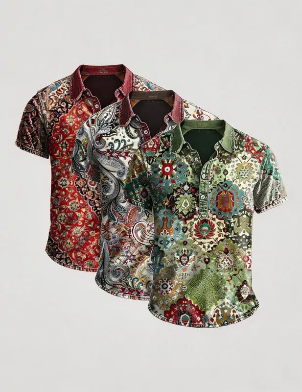 Men's Vintage Ethnic Printed Polo Shirt – Short Sleeve Retro Bohemian Shirt made by Ekouaer