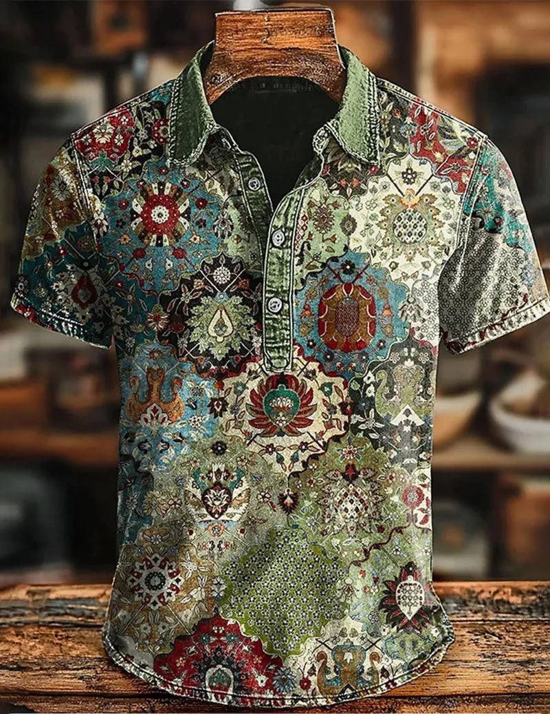 Men's Vintage Ethnic Printed Polo Shirt – Short Sleeve Retro Bohemian Shirt sold by Ekouaer product image thumbnail 3