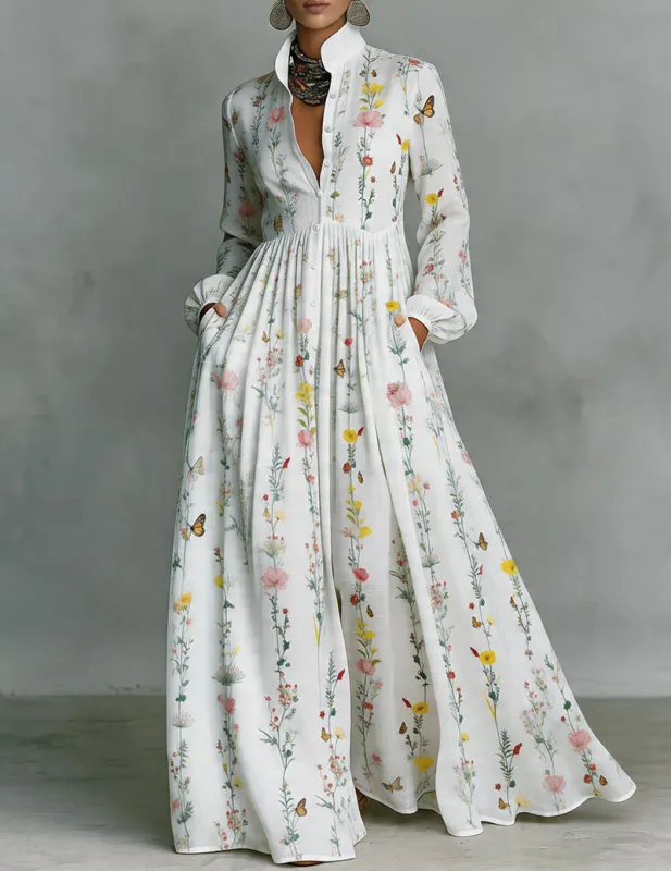 Wildflower Butterfly Print Maxi Dress – Long Sleeve Button Down Flowy Bohemian Long Dress made by Ekouaer