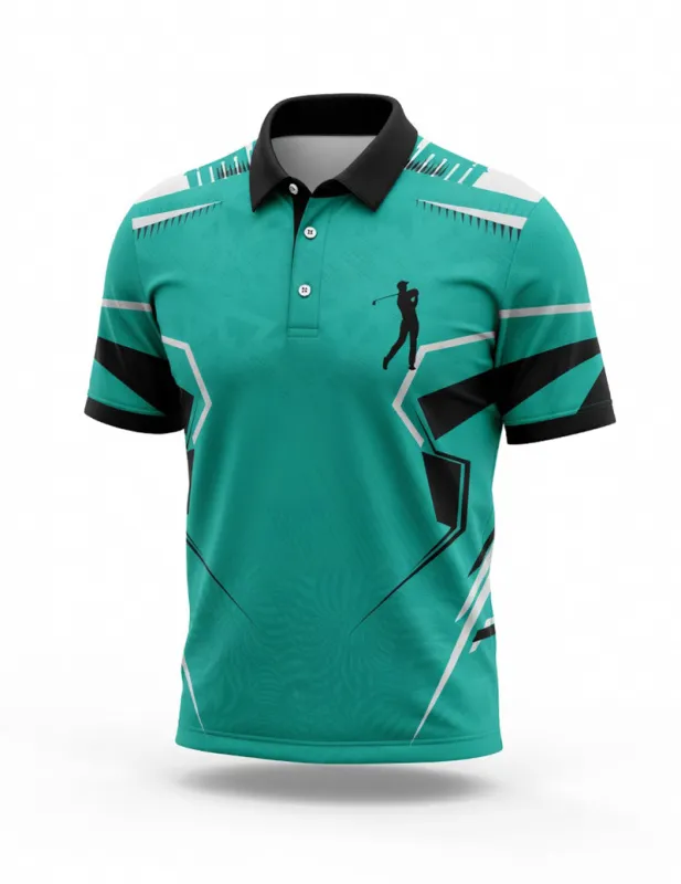 Men's Turquoise Polo Shirt – Slim Fit Geometric Print Polo Tops made by Ekouaer