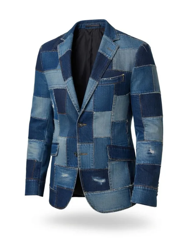 Men's Patchwork Denim Blazer – Slim Fit Blue Denim Patchwork Suit Jacket made by Ekouaer