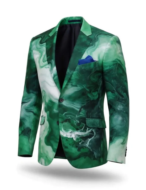Men's Green Marble Print Blazer – Slim Fit Luxury Swirl Pattern Suit Jacket made by Ekouaer