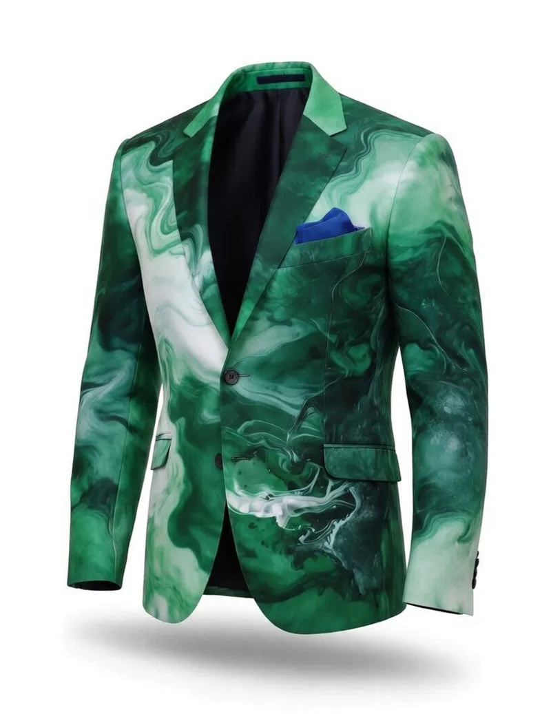 Men's Green Marble Print Blazer – Slim Fit Luxury Swirl Pattern Suit Jacket sold by Ekouaer