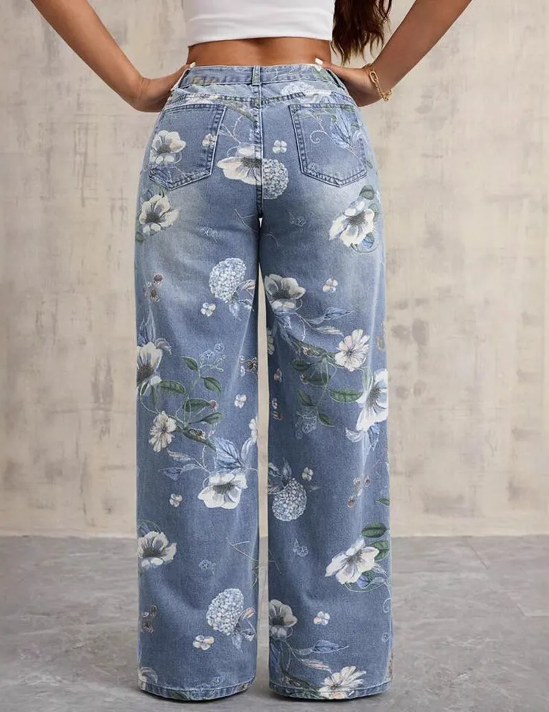 Floral Print Wide Leg Denim Jeans – High Waisted Floral Jeans sold by Ekouaer product image thumbnail 4