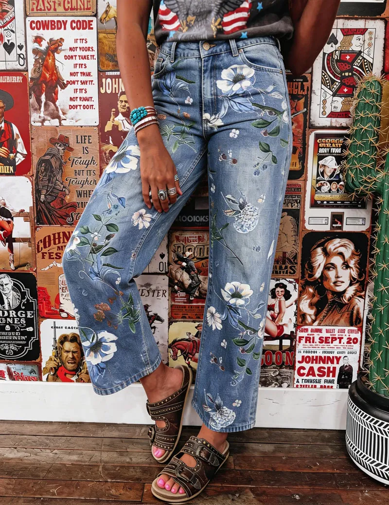 Floral Print Wide Leg Denim Jeans – High Waisted Floral Jeans sold by Ekouaer