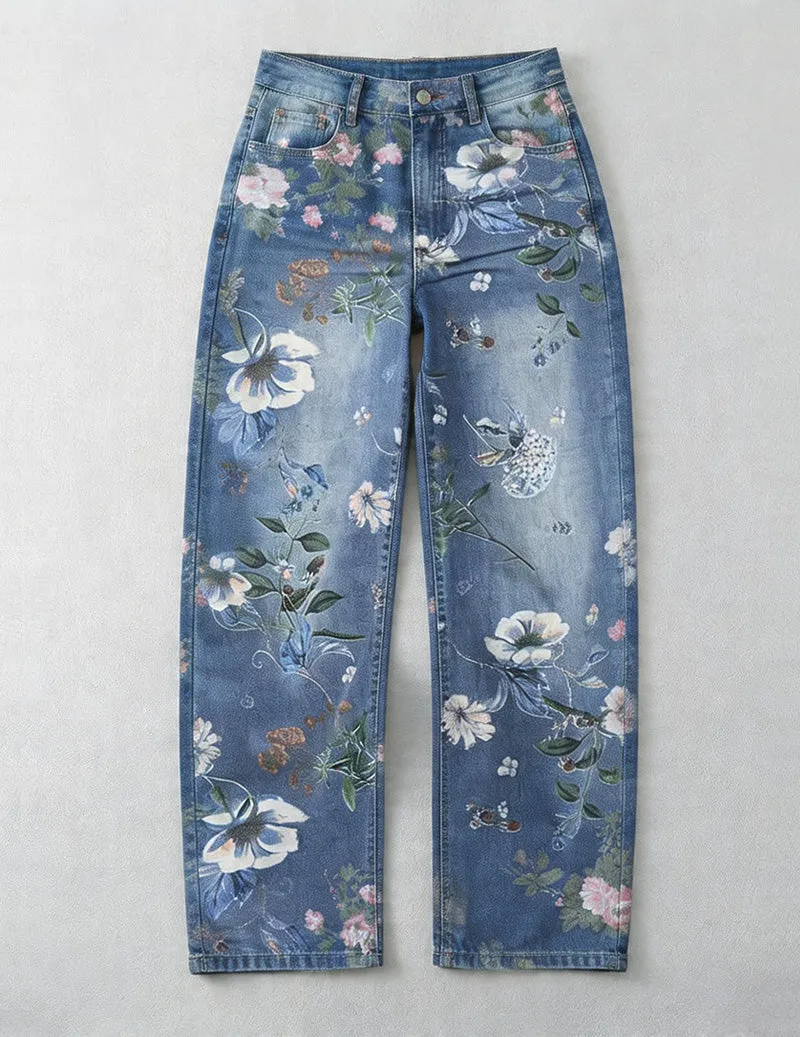 Floral Print Wide Leg Denim Jeans – High Waisted Floral Jeans sold by Ekouaer product image thumbnail 2