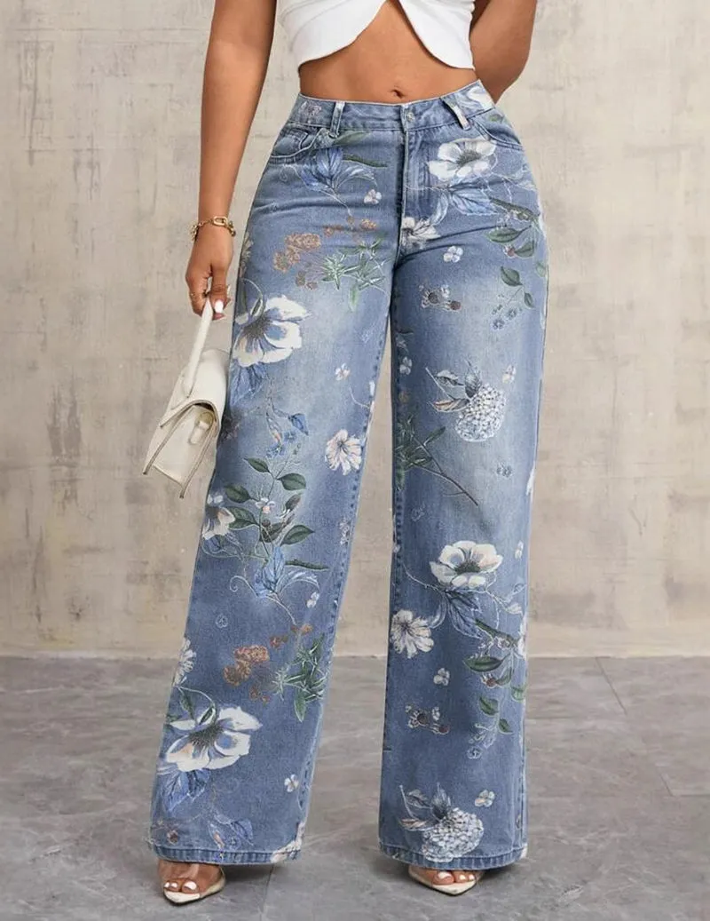 Floral Print Wide Leg Denim Jeans – High Waisted Floral Jeans sold by Ekouaer product image thumbnail 3