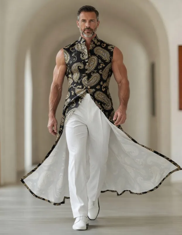 Men's Peacock Paisley Sleeveless Mandarin Collar Long Tailcoat Jacket made by Ekouaer