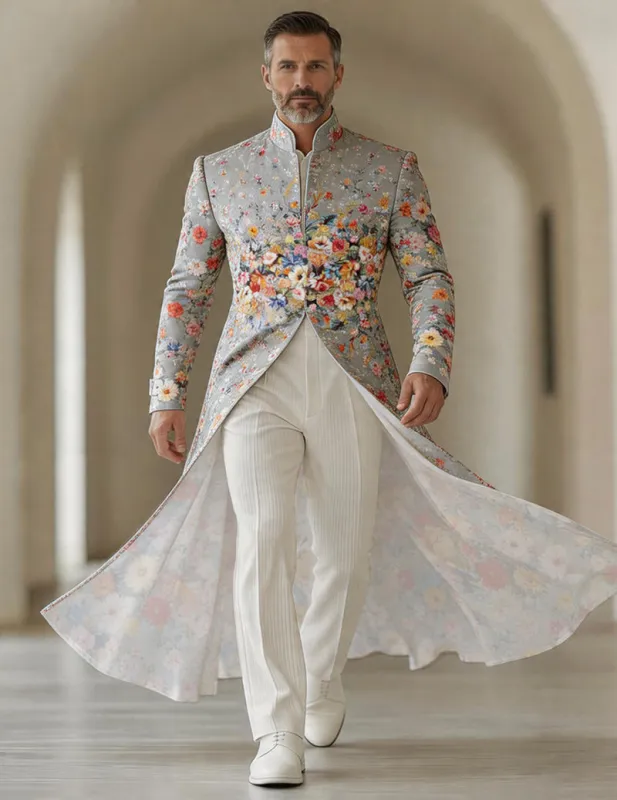 Men's Bold Paisley Floral Mandarin Collar Long Tailcoat Jacket made by Ekouaer