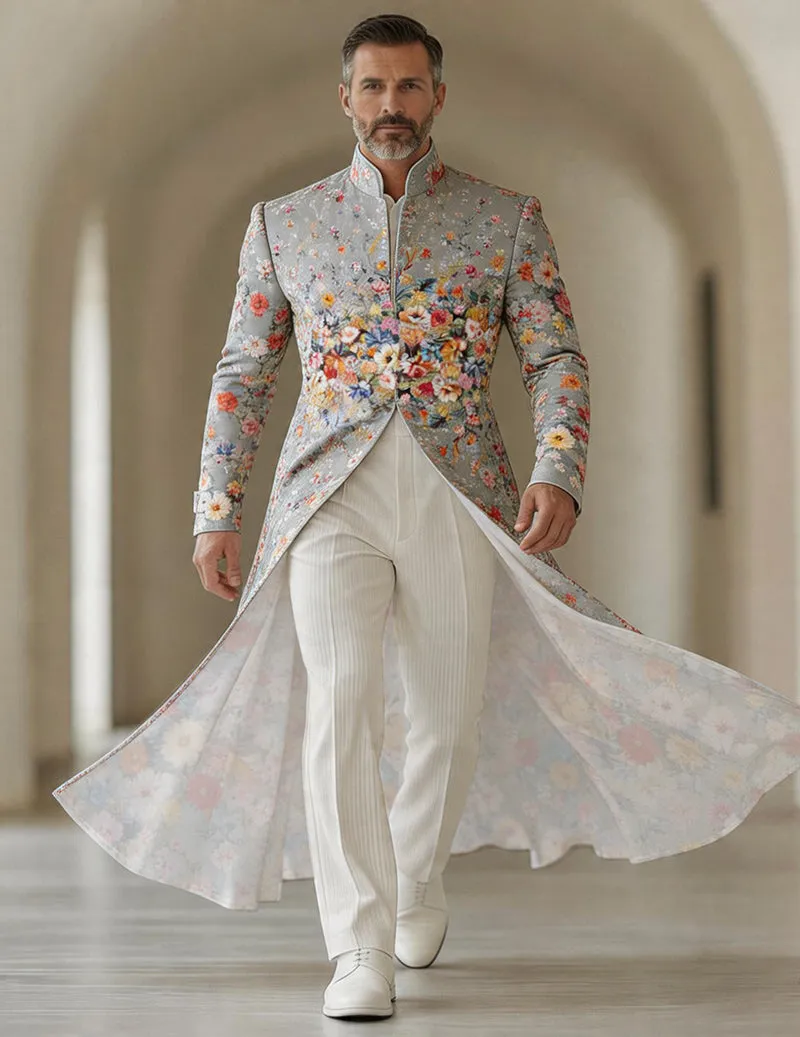 Men's Bold Paisley Floral Mandarin Collar Long Tailcoat Jacket sold by Ekouaer