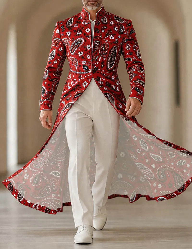 Men's Bold Paisley Floral Mandarin Collar Long Tailcoat Jacket sold by Ekouaer product image thumbnail 4