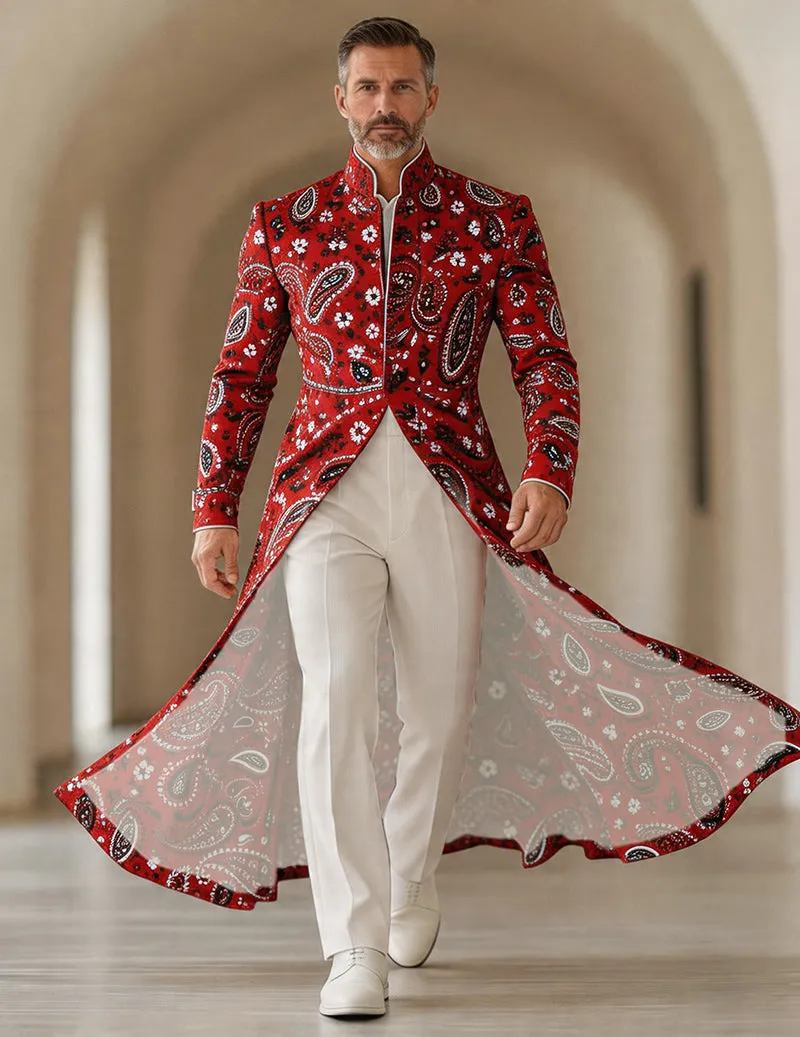 Men's Bold Paisley Floral Mandarin Collar Long Tailcoat Jacket sold by Ekouaer product image thumbnail 2