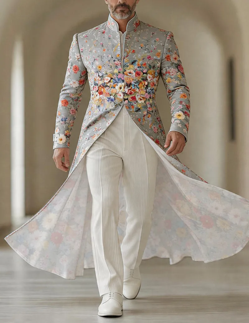 Men's Bold Paisley Floral Mandarin Collar Long Tailcoat Jacket sold by Ekouaer product image thumbnail 3