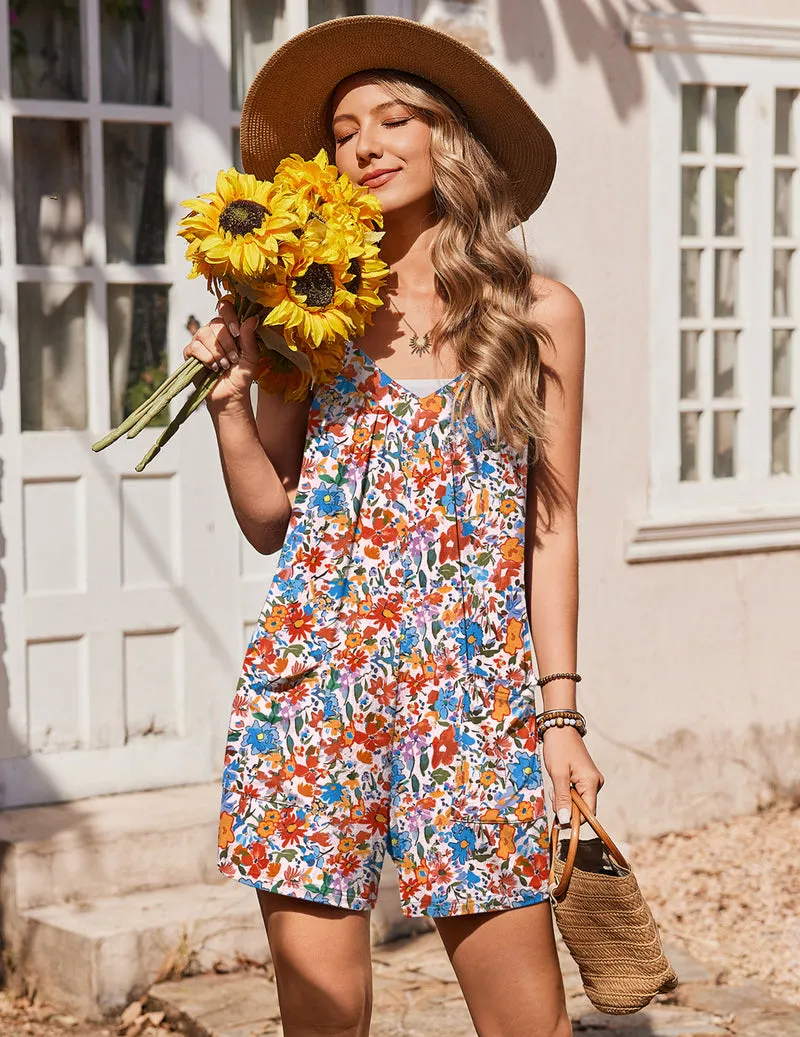 Ekouaer Floral Sleeveless Romper Boho Shorts Jumpsuit with Pockets sold by Ekouaer