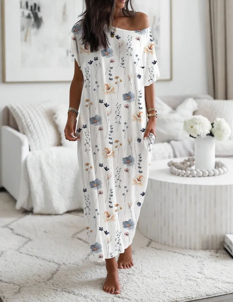 Off Shoulder Floral Midi Nightgown with Pockets – Loose Casual Maxi Dress sold by Ekouaer product image thumbnail 2