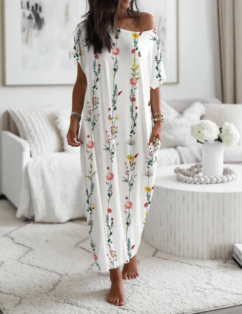 Off Shoulder Floral Midi Nightgown with Pockets – Loose Casual Maxi Dress sold by Ekouaer product image thumbnail 3