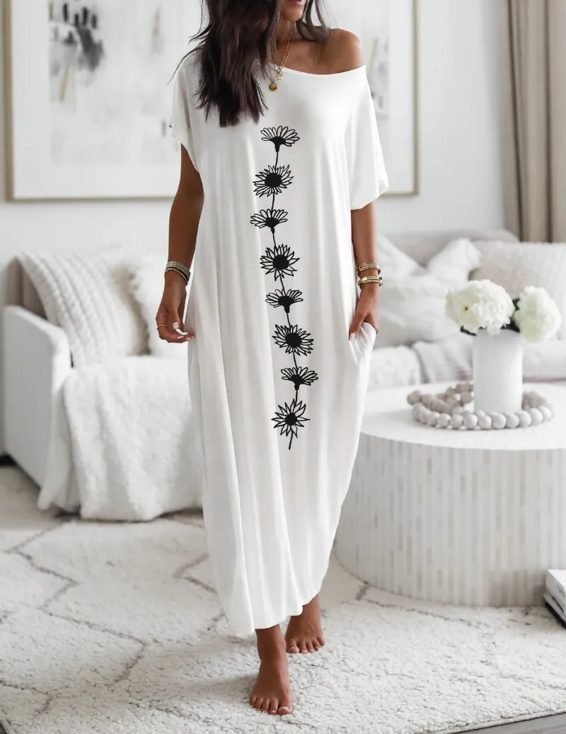 Off Shoulder Floral Midi Nightgown with Pockets – Loose Casual Maxi Dress sold by Ekouaer