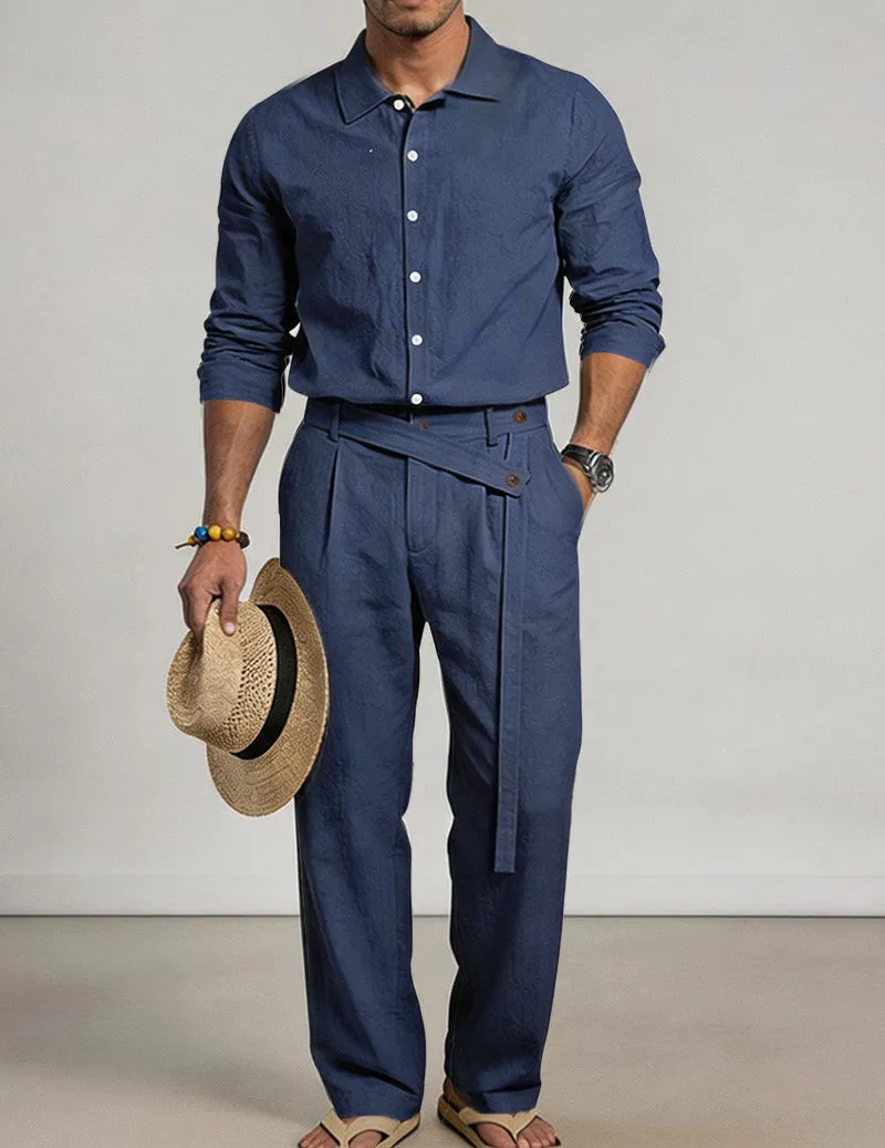 Men's Casual Linen Mandarin Collar Long Sleeve Shirt and Belted Pants Two Piece Set sold by Ekouaer product image thumbnail 3