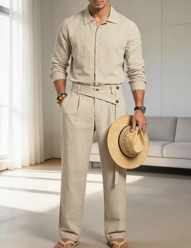 Men's Casual Linen Mandarin Collar Long Sleeve Shirt and Belted Pants Two Piece Set made by Ekouaer