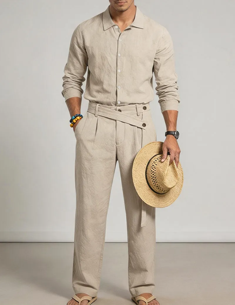 Men's Casual Linen Mandarin Collar Long Sleeve Shirt and Belted Pants Two Piece Set sold by Ekouaer product image thumbnail 2