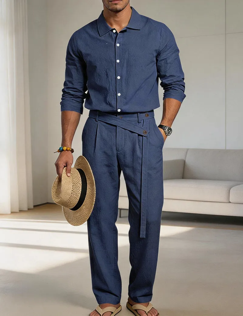 Men's Casual Linen Mandarin Collar Long Sleeve Shirt and Belted Pants Two Piece Set sold by Ekouaer product image thumbnail 4